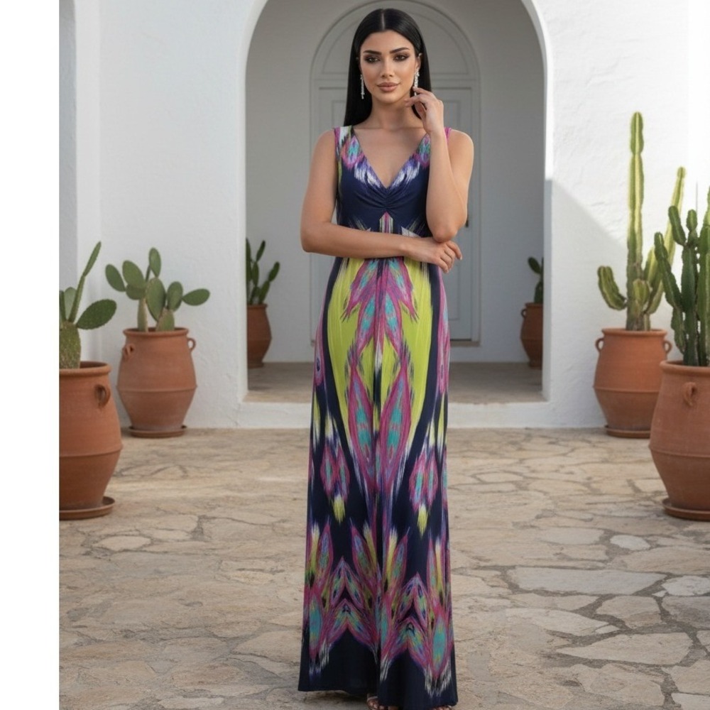 Chico's Maxi 2 Dress Sleeveless Colorful‎ Print V-Neck Women's Large NEW